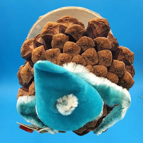 Vintage 1960s Pinecone Elf Ornament Blue Flocked Hat Chenille Arms Foil Stocking - Picture 6 of 9